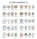 Recycle examples with paper, plastic and glass material cycle outline diagram