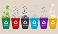 Recycle garbage bins plastic organic battery glass metal paper. Trash