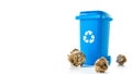 Recycle garbage. Blue dustbin for recycle paper trash isolated on white background. Bin container for disposal garbage waste and Royalty Free Stock Photo