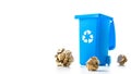 Recycle garbage. Blue dustbin for recycle paper trash isolated on white background. Bin container for disposal garbage waste and Royalty Free Stock Photo