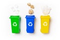 Recycle garbage. Yellow, green, blue dustbin for recycle plastic, paper and glass can trash isolated on white background. Bin Royalty Free Stock Photo