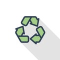 Recycle green symbol. Environmental protection thin line flat color icon. Linear vector symbol. Colorful long shadow Royalty Free Stock Photo