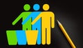 Recycle icon and pencil in yellow green and blue on black. Rubbish sorting ecological living reuse concept. Save the planet