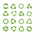 Recycle icons. Circle arrows, product reuse and eco symbols, environmental protection logo. Green flat emblems for