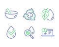 Recycle, Mineral oil and Dermatologically tested icons set. Water analysis, Cooking mix and Online help signs. Vector