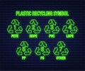 Recycle neon icon symbol vector. Plastic recycling, great design for any purposes. Recycle recycling symbol. Vector Royalty Free Stock Photo