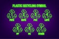 Recycle neon icon symbol vector. Plastic recycling, great design for any purposes. Recycle recycling symbol. Vector Royalty Free Stock Photo