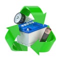 Recycle sign with different types of batteries and car batter. Ecology and green energy concept Royalty Free Stock Photo