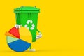 Recycle Sign Green Garbage Trash Bin Character Mascot with Info Graphics Business Pie Chart. 3d Rendering Royalty Free Stock Photo