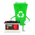 Recycle Sign Green Garbage Trash Bin Character Mascot  and Rechargeable Car Battery 12V Accumulator with Abstract Label. 3d Royalty Free Stock Photo