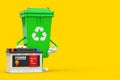 Recycle Sign Green Garbage Trash Bin Character Mascot  and Rechargeable Car Battery 12V Accumulator with Abstract Label. 3d Royalty Free Stock Photo