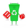 Recycle Sign Green Garbage Trash Bin Character Mascot with Red Game Dice Cubes in Flight. 3d Rendering