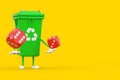 Recycle Sign Green Garbage Trash Bin Character Mascot with Red Game Dice Cubes in Flight. 3d Rendering