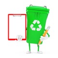 Recycle Sign Green Garbage Trash Bin Character Mascot with Red Plastic Clipboard, Paper and Pencil. 3d Rendering Royalty Free Stock Photo