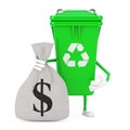 Recycle Sign Green Garbage Trash Bin Character Mascot with Tied Rustic Canvas Linen Money Sack or Money Bag with Dollar Sign. 3d