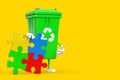 Recycle Sign Green Garbage Trash Bin Person Character Mascot with Four Pieces of Colorful Jigsaw Puzzle. 3d Rendering Royalty Free Stock Photo