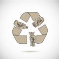 Recycle sign icon with hands.