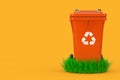 Recycle Sign Orange Garbage Trash Bin in Green Grass. 3d Rendering
