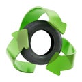 Recycle symbol around used tyre. 3D illustration Royalty Free Stock Photo