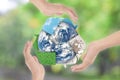 Recycle symbol and Earth in hands over green nature background