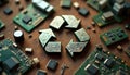 Recycle symbol made from circuit board patterns rests on rustic wood background. Electronic components, microchips, green circuit Royalty Free Stock Photo
