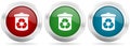 Recycle vector icon set. Red, blue and green silver metallic web buttons with chrome border