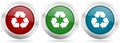 Recycle vector icon set. Red, blue and green silver metallic web buttons with chrome border