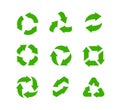 Recycle vector icons set, green arrows green safe emblem template for packaging of environmentally friendly products Royalty Free Stock Photo