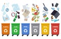 Recycle waste bins. Different trash types color containers sorting wastes organic trash paper can glass plastic bottle