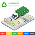 Recycle waste concept. Garbage disposal with gps navigation on city. Sorting garbage. Ecology and recycle concept. Flat