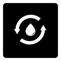 Recycle water icon. water drop inside circle arrows on black background