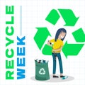 Recycle week text with recycling symbol and biracial woman collecting recycling, on white