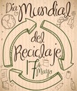 Recycled Cardboard with Doodles for Recycling Day in Spanish, Vector Illustration