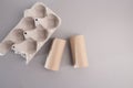 Recycled craft ideas for kids: Creative use of toilet paper rolls and assorted materials. Flat lay on grey background,