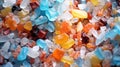 Recycled crushed plastic granules turned into new reused material. Plastic crossover