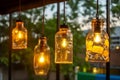 Recycled glass bottle lanterns with Edison bulbs in a cafe window, generative AI Royalty Free Stock Photo