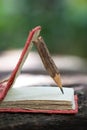 Recycled notebook made from old paper and wood pencil on nature background. Mock up education concept Royalty Free Stock Photo