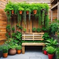 Recycled pallets with hanging plants creating a vertical garden