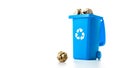 Recycled paper. Blue dustbin for recycle plastic and glass can trash isolated on white background. Bin container for disposal