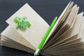 Recycled paper notebook with a green pen and green paper owl Royalty Free Stock Photo