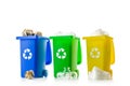 Recycled plastic. Bin container for disposal garbage waste and save environment. Yellow, green, blue dustbin for recycle paper and Royalty Free Stock Photo