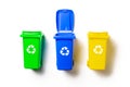 Recycled plastic. Bin container for disposal garbage waste and save environment. Yellow, green, blue dustbin for recycle paper and Royalty Free Stock Photo