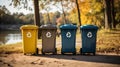 Recycled Plastic Outdoor Dustbins. Colorful plastic bins for different waste types