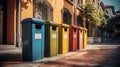 Recycled Plastic Outdoor Dustbins. Colorful plastic bins for different waste types