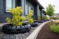 recycled rubber tire landscaping around modern home