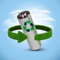 Recycling batteries and accumulators. Concept with green arrows from the grass. Recycling concept