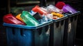 Recycling bin full of plastic waste, separate waste collection concept, generative ai Royalty Free Stock Photo