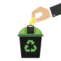 Recycling bin with green lid for waste products. Recycling symbol. Environmental Protection. Zero waste. White background. Vector Royalty Free Stock Photo