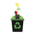 Recycling bin with green lid for waste products. Recycling symbol. Environmental Protection. Zero waste. White background. Vector Royalty Free Stock Photo