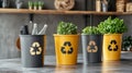 Recycling bins with various waste and plants Royalty Free Stock Photo